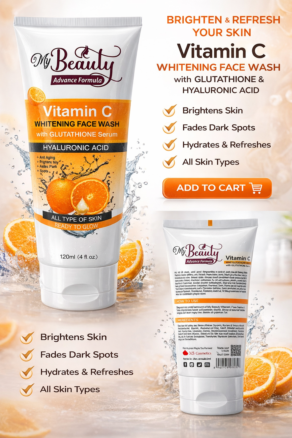 My Beauty Vitamin C Face Wash with Glutathione & Hyaluronic Acid – Brightening & Hydrating Cleanser (120ml)